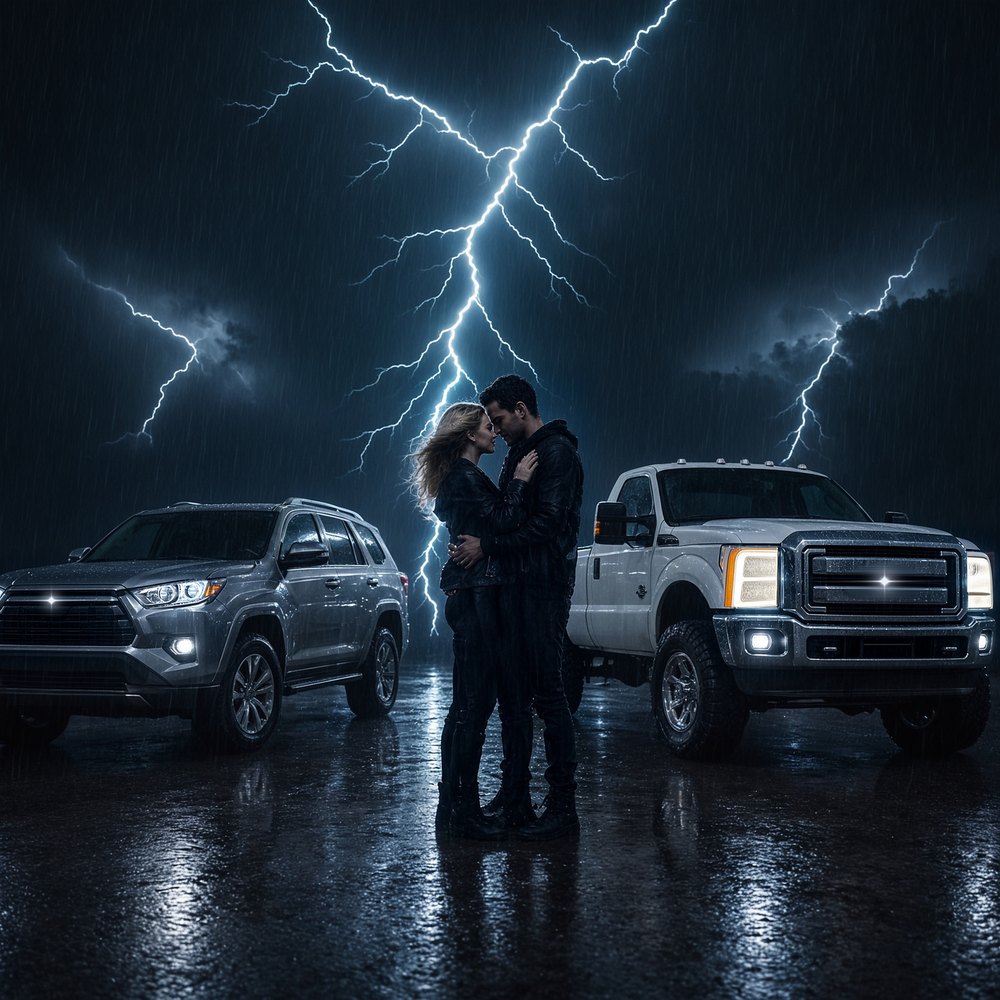 Lightning in the Sky cover: a couple embracing in a parking lot under a lightning storm